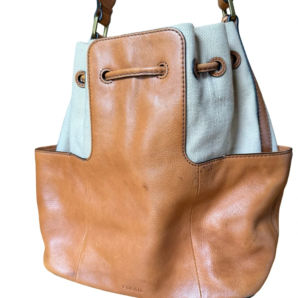 Fossil Leather & Canvas Tan Handbag Shoulder Bag Drawstring Bucket Purse 13x11x6